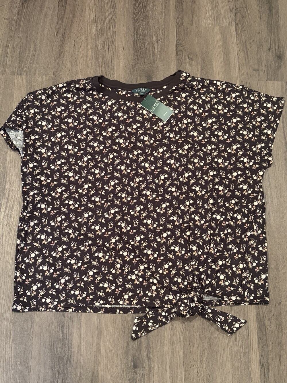 NWT Lauren Ralph Lauren Women’s 3X Black Floral Short Sleeve Tie-Front Blouse